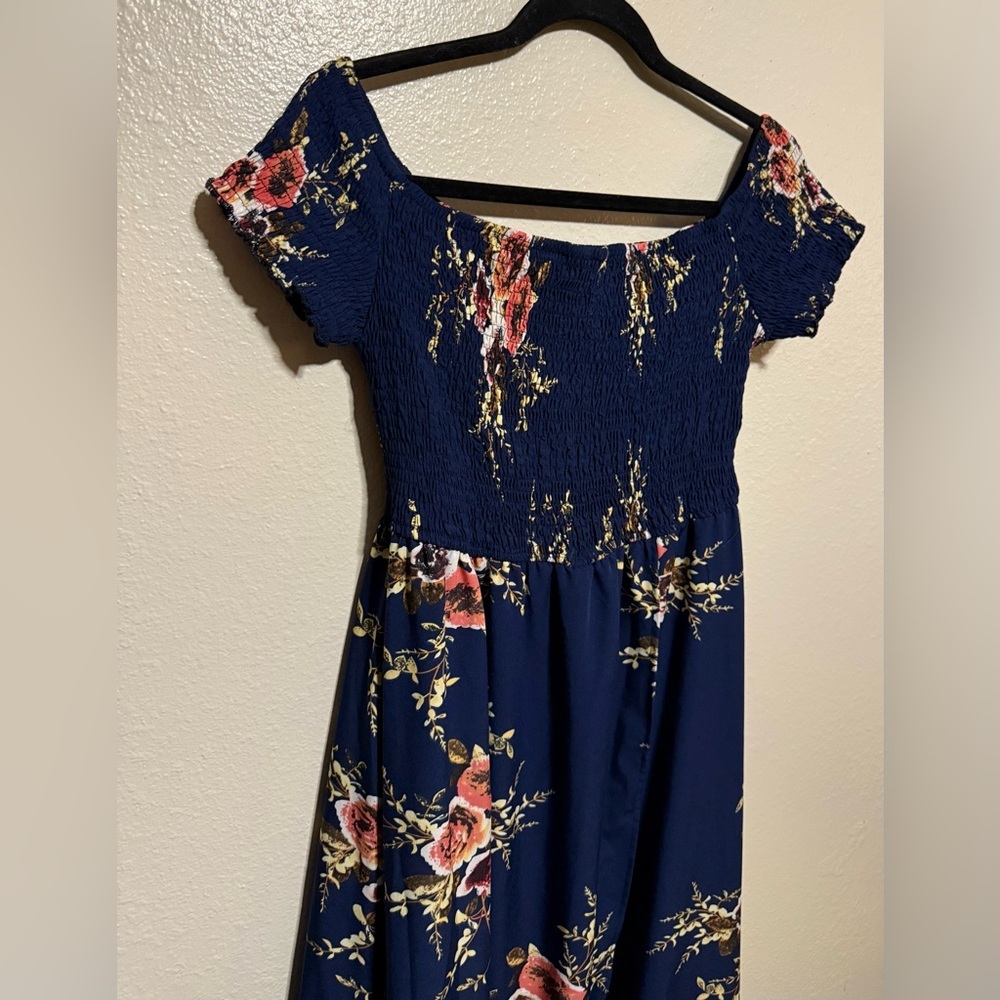 Omonsim Navy Floral Off-Shoulder Maxi Dress | Asymmetrical Hem Boho Romantic - Picture 4 of 6